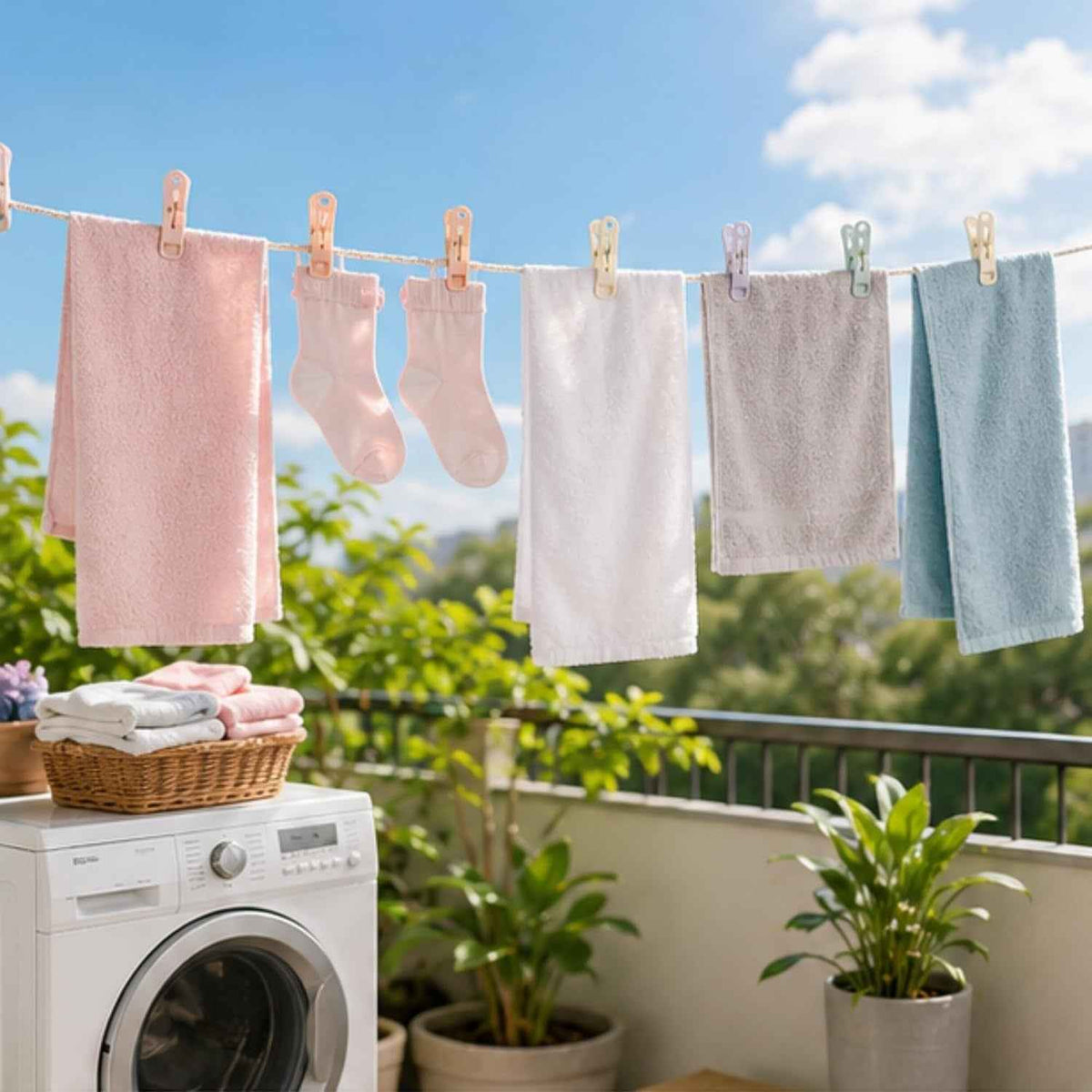 Cloth Drying 5 mtr Rope with 12 Clips – Wind-Resistant Heavy Duty Clothesline with Plastic Pegs for Balcony, Bathroom, Home & Travel