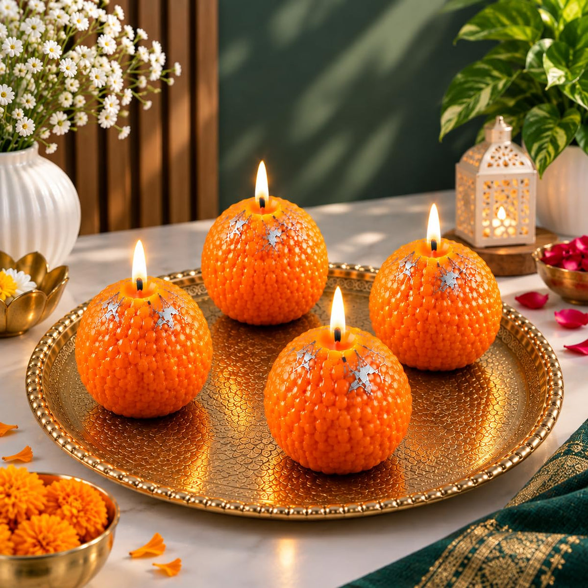 Motichur Ladoo Decorative Candle Set Pack of 4 – Traditional Indian Sweet-Shaped Festive Candles for Diwali, Pooja & Home Decor