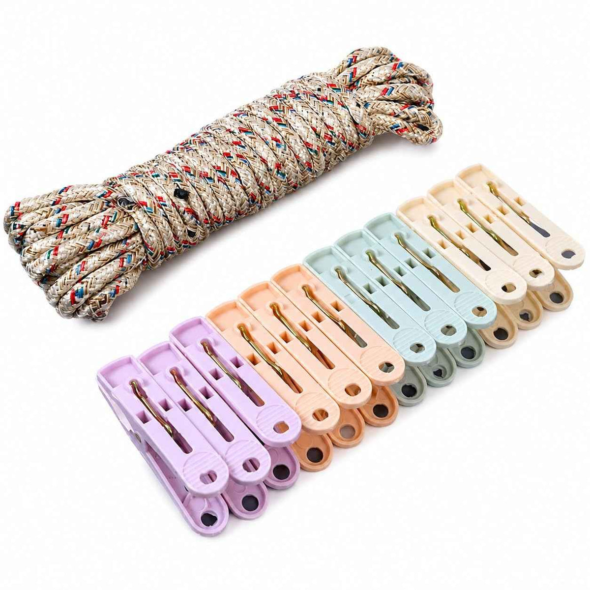 Cloth Drying 5 mtr Rope with 12 Clips – Wind-Resistant Heavy Duty Clothesline with Plastic Pegs for Balcony, Bathroom, Home & Travel