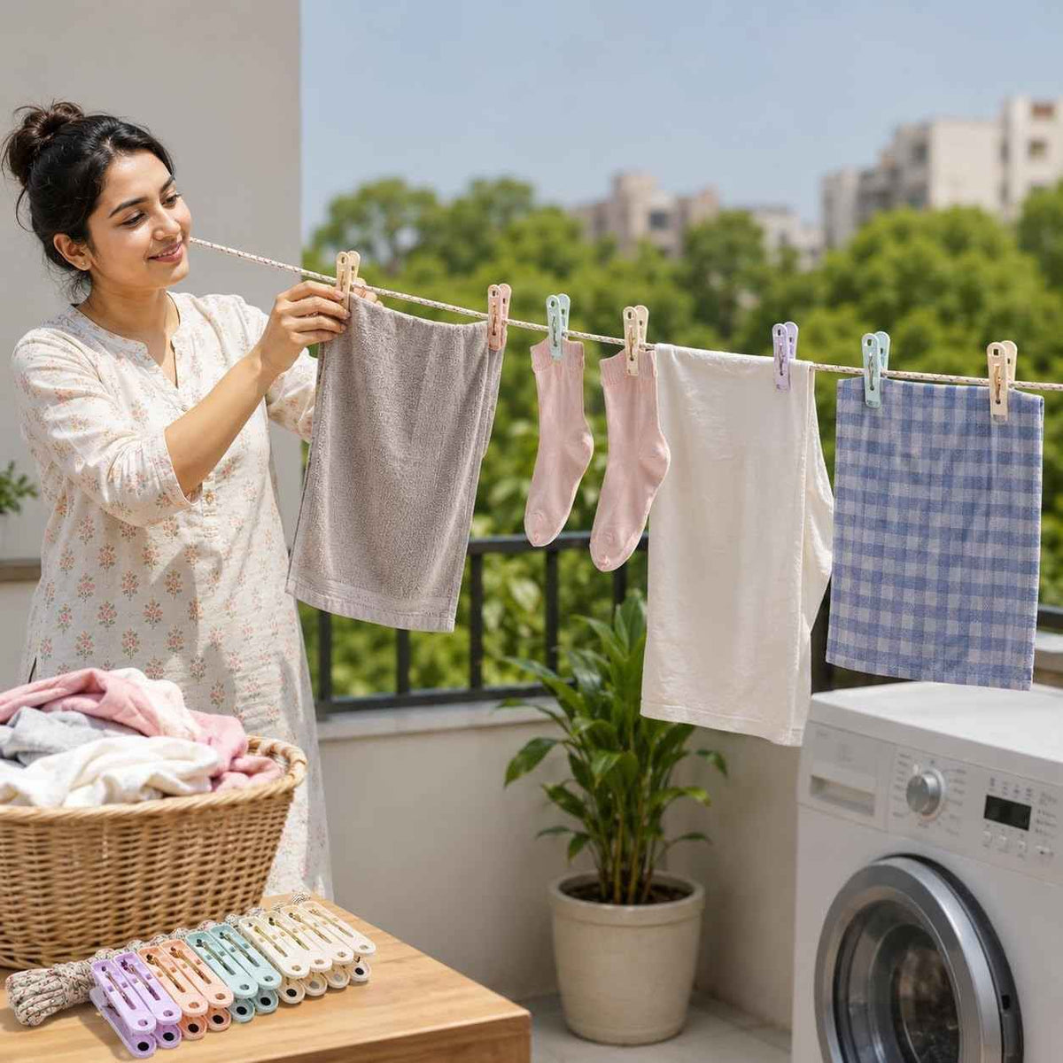 Cloth Drying 5 mtr Rope with 12 Clips – Wind-Resistant Heavy Duty Clothesline with Plastic Pegs for Balcony, Bathroom, Home & Travel