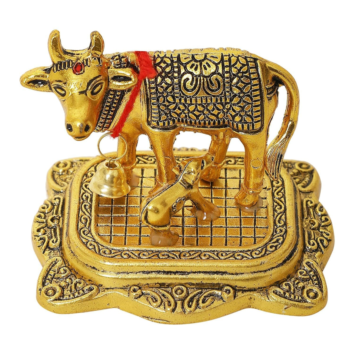 Decorative Metal Cow & Calf Idol – Kamdhenu Statue for Pooja Room, Home Décor & Office Desk | Vastu Showpiece for Diwali & Housewarming Gifting (Golden / Silver)