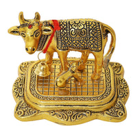 Decorative Metal Cow & Calf Idol – Kamdhenu Statue for Pooja Room, Home Décor & Office Desk | Vastu Showpiece for Diwali & Housewarming Gifting (Golden / Silver)