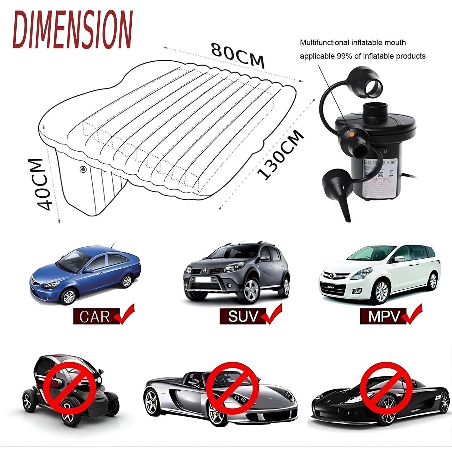 Car Inflatable Bed Mattress 130 × 80 cm – Portable Back Seat Air Bed with 12V Electric Pump & 2 Air Pillows for Travel, Camping & Road Trips (Silver)