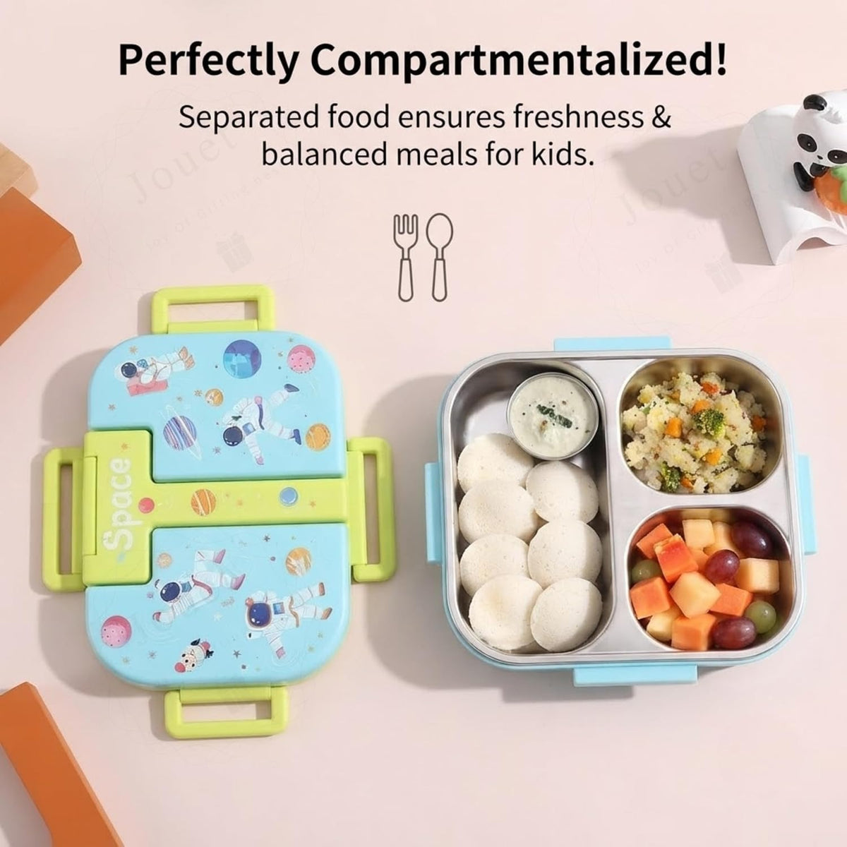 Lax Son SUS 304 Stainless Steel Lunch Box for Kids – 3 Compartment Leak-Resistant Clip-Lock Bento Tiffin with Side Handles, BPA-Free Body for School & Travel