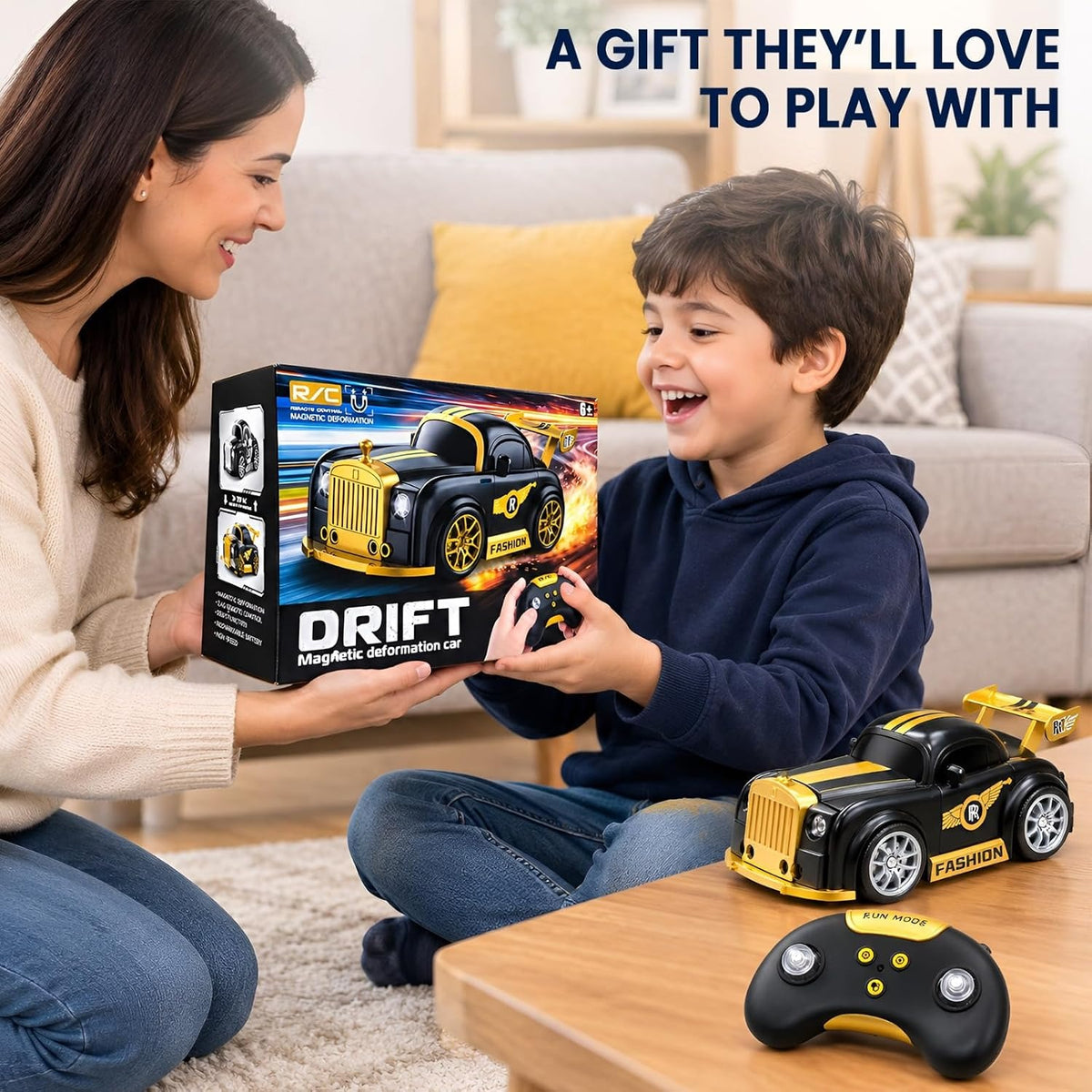 Drift Magnetic Deformation RC Car – Rechargeable Hand Sensor Follow Car with 360° Drift, 2.4GHz Remote & LED Lights for Kids (Silver & Gold)