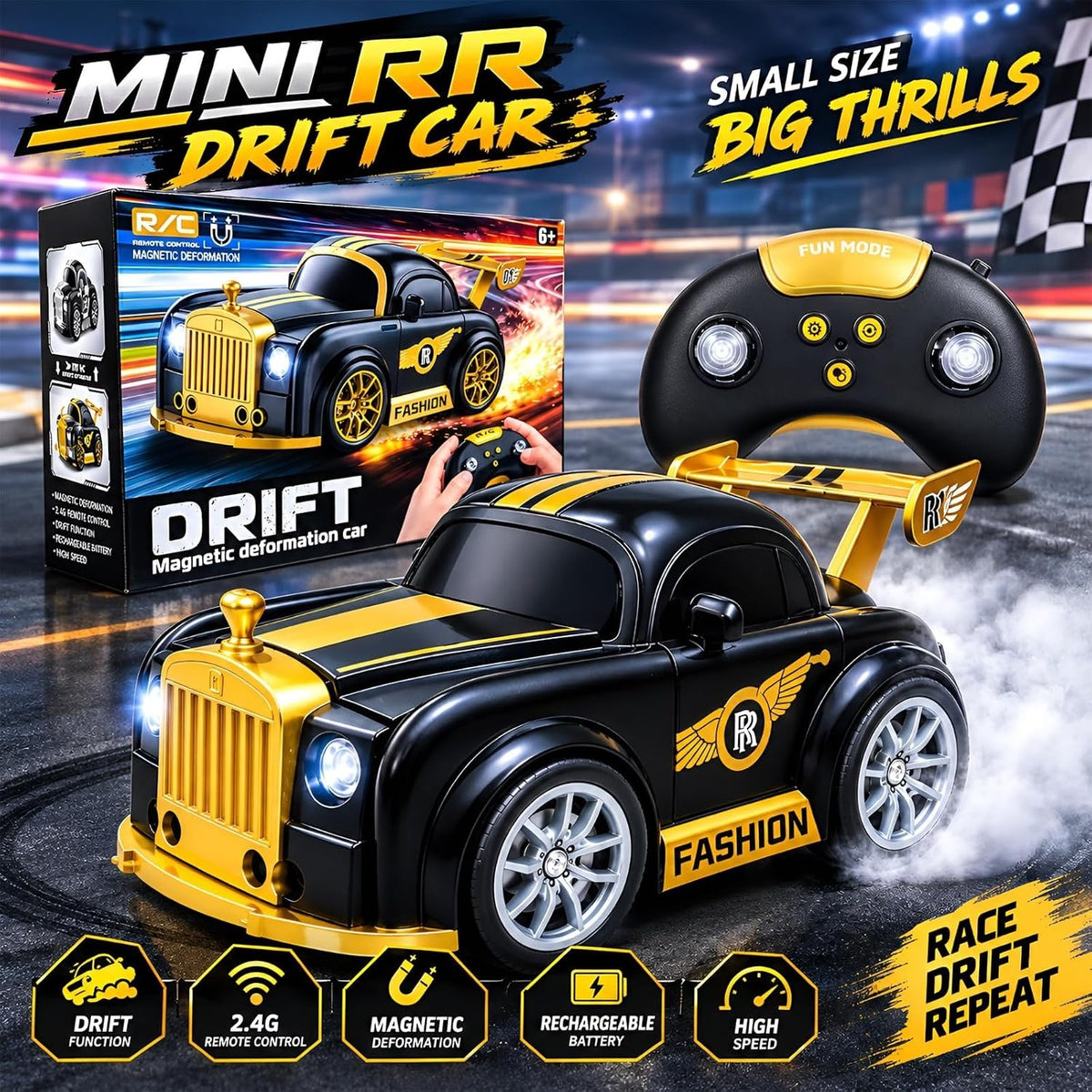 Drift Magnetic Deformation RC Car – Rechargeable Hand Sensor Follow Car with 360° Drift, 2.4GHz Remote & LED Lights for Kids (Silver & Gold)