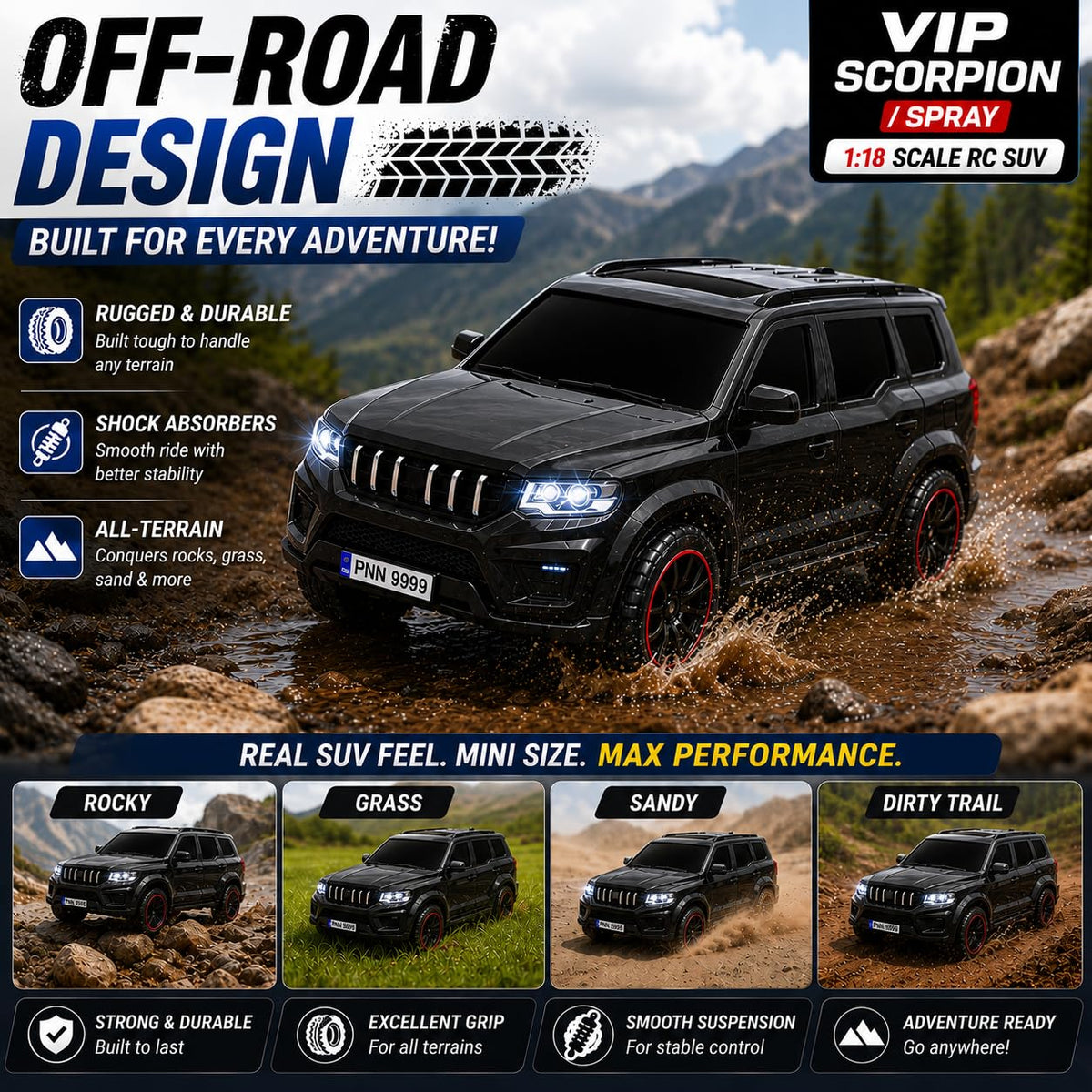 Remote Control Scorpio N Car – Spray, Lights and Music | 1:18 Scale 2.4GHz RC SUV with Police Siren & Rechargeable Battery for Kids 4+