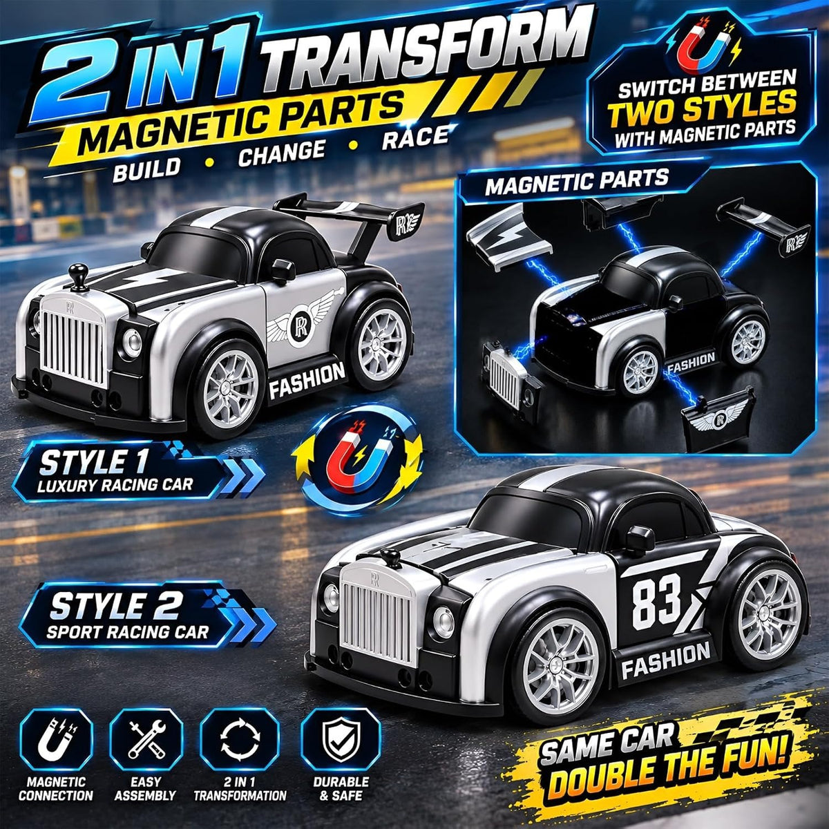Drift Magnetic Deformation RC Car – Rechargeable Hand Sensor Follow Car with 360° Drift, 2.4GHz Remote & LED Lights for Kids (Silver & Gold)