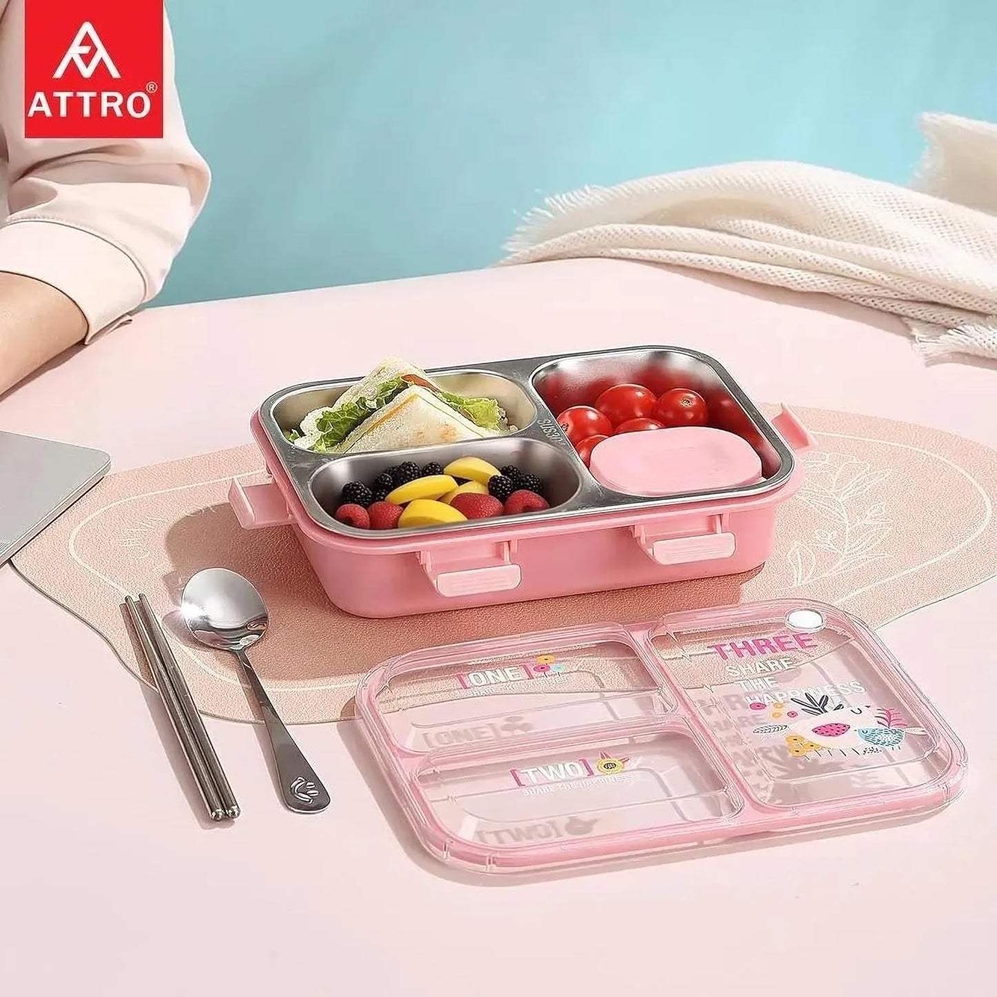Kids Lunch Box with 3 Steel Compartments – Leak-Proof Tiffin with Water Warming, Spoon & Chopsticks (750ml + 70ml)