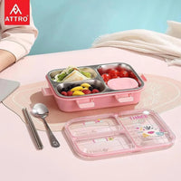 Kids Lunch Box with 3 Steel Compartments – Leak-Proof Tiffin with Water Warming, Spoon & Chopsticks (750ml + 70ml)