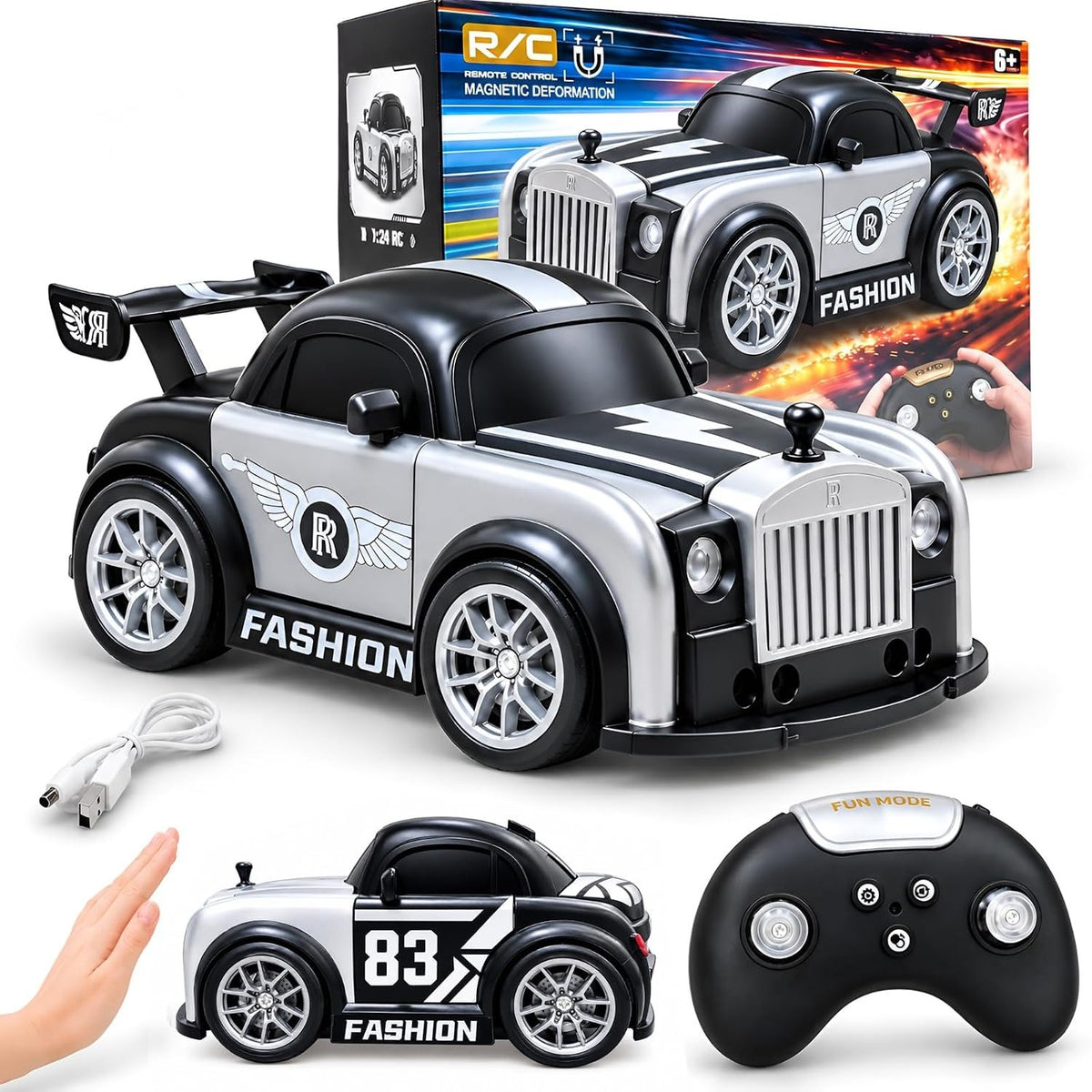 Drift Magnetic Deformation RC Car – Rechargeable Hand Sensor Follow Car with 360° Drift, 2.4GHz Remote & LED Lights for Kids (Silver & Gold)