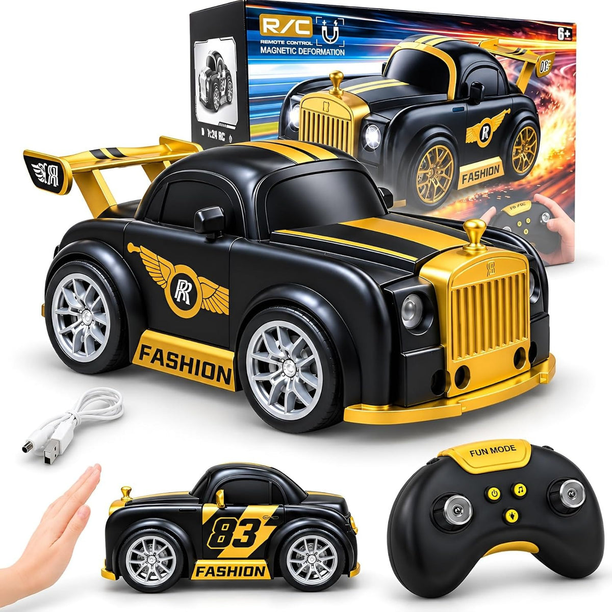 Drift Magnetic Deformation RC Car – Rechargeable Hand Sensor Follow Car with 360° Drift, 2.4GHz Remote & LED Lights for Kids (Silver & Gold)