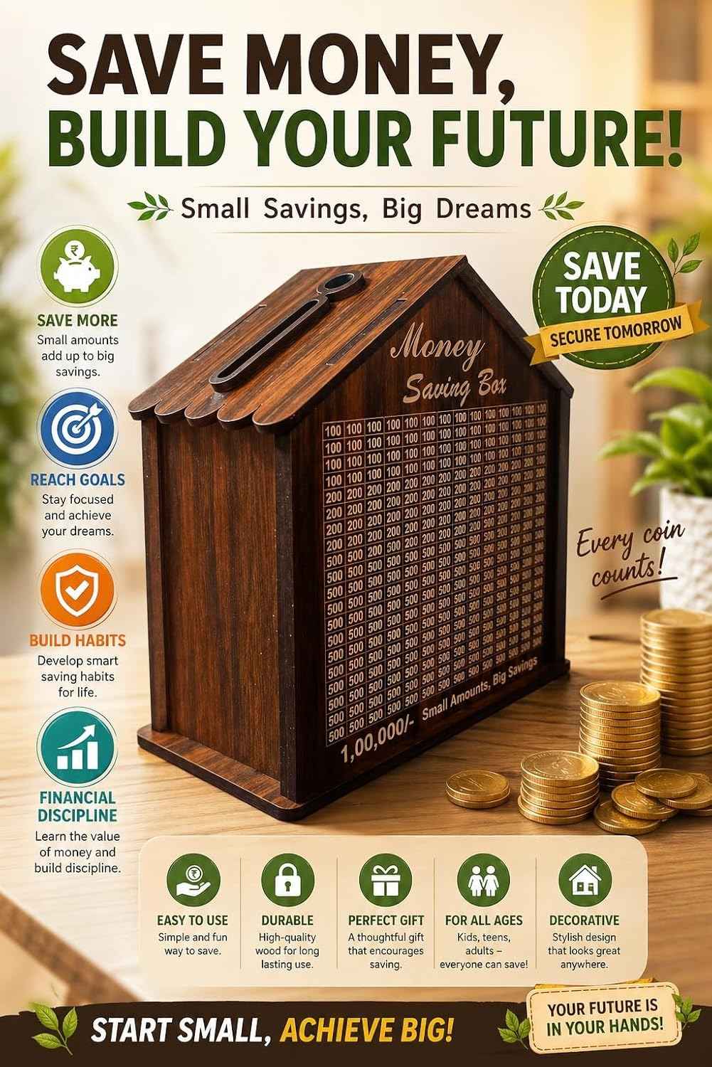 House-Shaped Wooden Money Saving Box
