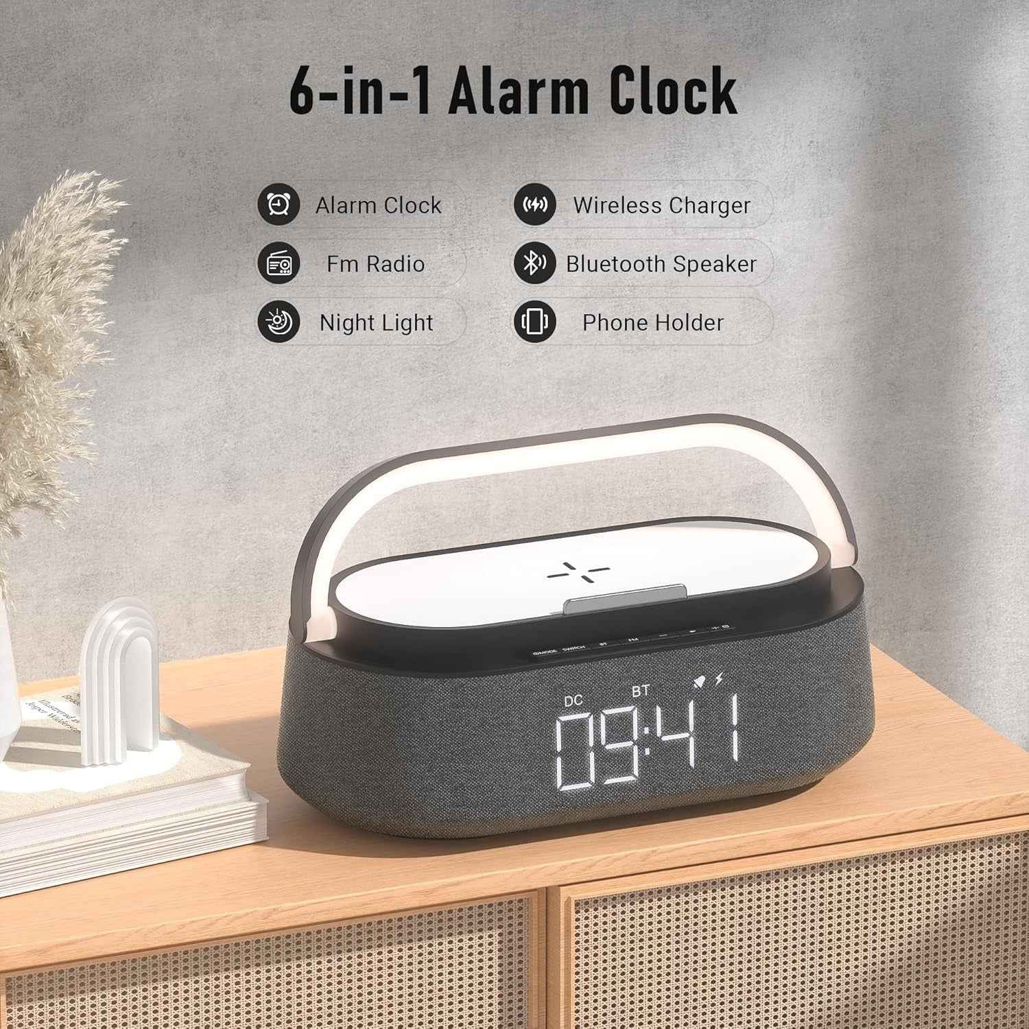 Dubai Marvel Bluetooth Speaker – 6-in-1 Alarm Clock with 15W Wireless Charging, FM Radio, Night Light