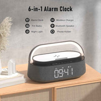 Dubai Marvel Bluetooth Speaker – 6-in-1 Alarm Clock with 15W Wireless Charging, FM Radio, Night Light