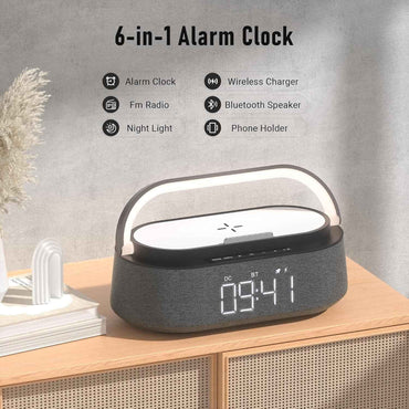 Dubai Marvel Bluetooth Speaker – 6-in-1 Alarm Clock with 15W Wireless Charging, FM Radio, Night Light