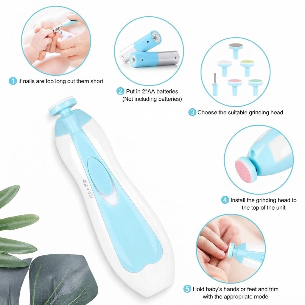 Baby Electric Nail Trimmer – Safe Newborn Nail File & Manicure Kit with 6 Grinding Heads