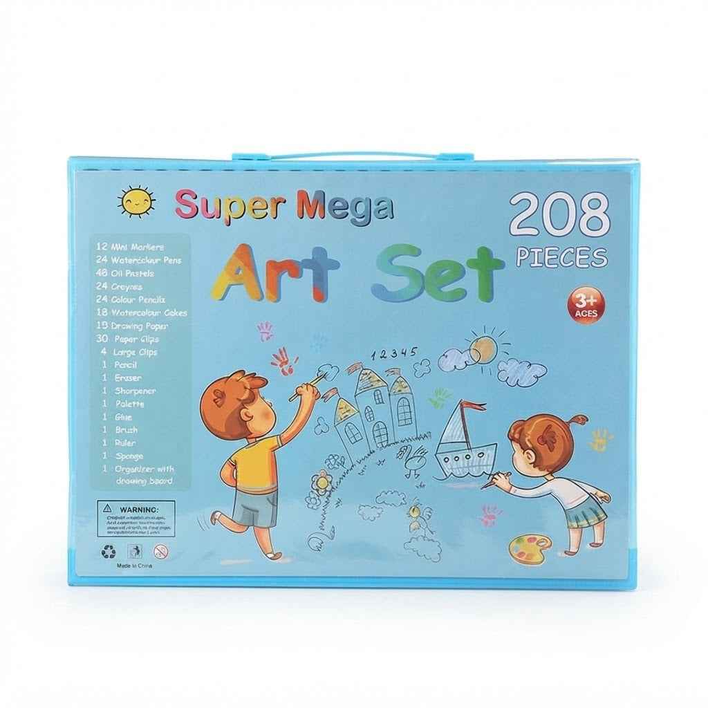 208 Pieces Art Set for Kids – Drawing Kit with 108 Colouring Tools, Crayons, Oil Pastels & Watercolour Pencils in a 35 cm Portable Carry Case for Ages 6+ (Blue / Pink)