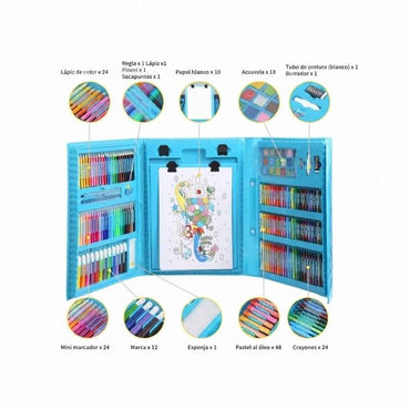 208 Pieces Art Set for Kids – Drawing Kit with 108 Colouring Tools, Crayons, Oil Pastels & Watercolour Pencils in a 35 cm Portable Carry Case for Ages 6+ (Blue / Pink)
