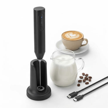 Electric Milk Frother with Stand – USB-C Rechargeable, Stainless Steel Whisk, LED Battery Indicator (Black)