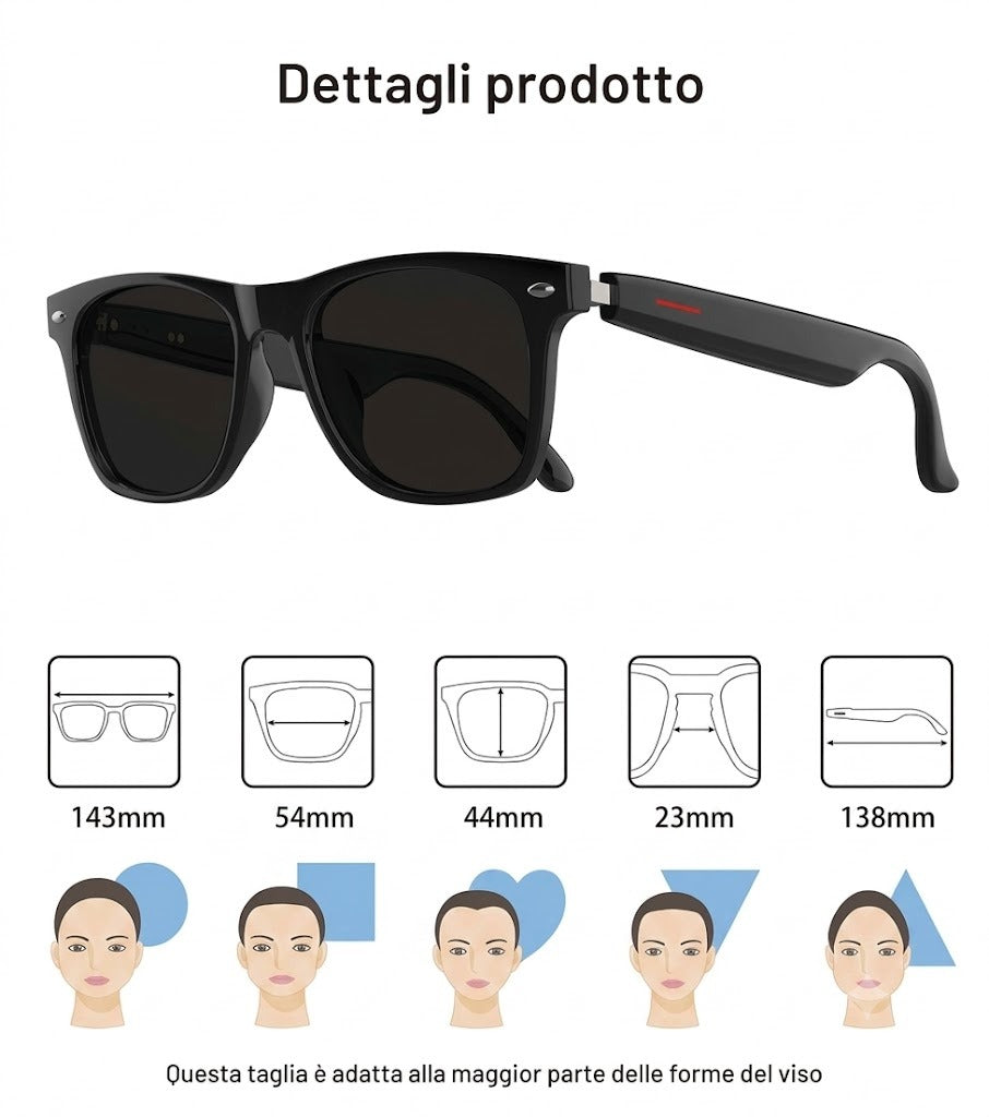Smart Bluetooth Audio Sunglasses – Open-Ear Stereo Speakers, UV Polarised Lenses & Hands-Free Calling