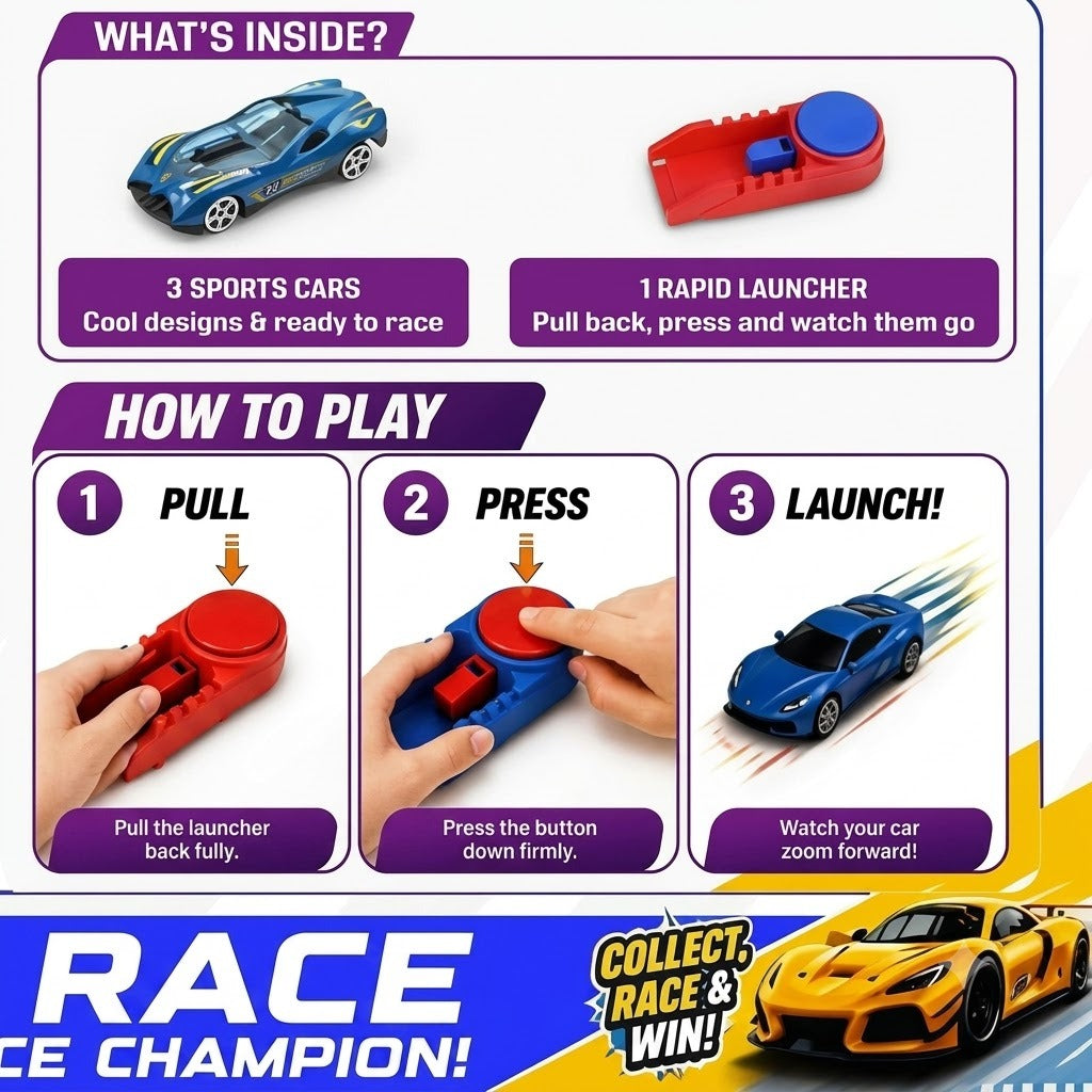 Die-Cast Metal Sports Cars Set with Rapid Launcher – Pull-Back Racing Car Toys for Kids