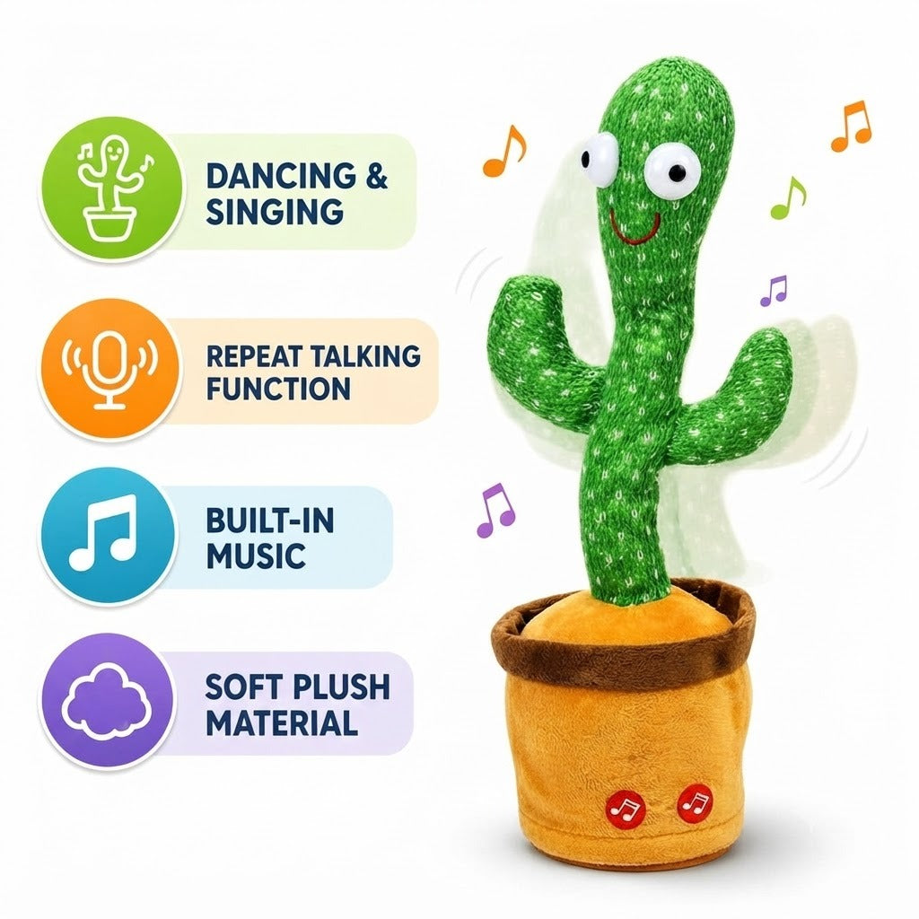 Dancing Talking Cactus Toy – Singing & Repeating Plush Cactus with 120 Songs for Kids