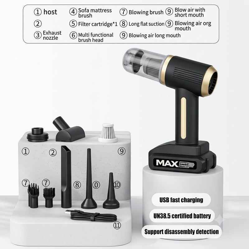 ASW - Car Mounted Vacuum Cleaner – 15V Portable Cordless Handheld Vacuum with Blower Mode, HEPA Filter & 6 Attachments for Car, Home & Office