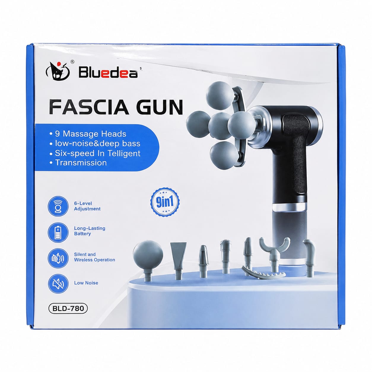 Massage Gun BLD-780 with 9 Heads & 6 Speed Levels – Rechargeable Cordless Percussion Body Massager with Digital Display, Low-Noise Motor & USB Charging for Adults