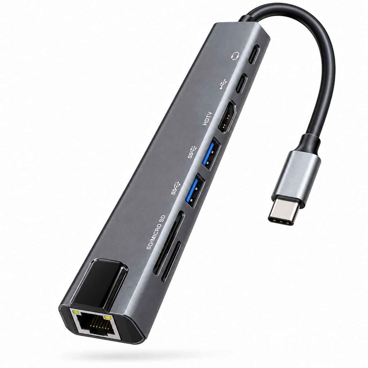 8 in 1 USB-C Hub for Laptop – Multiport Type-C Adapter with 4K HDMI, Gigabit Ethernet, 100W PD Charging, SD/microSD Reader & USB-A