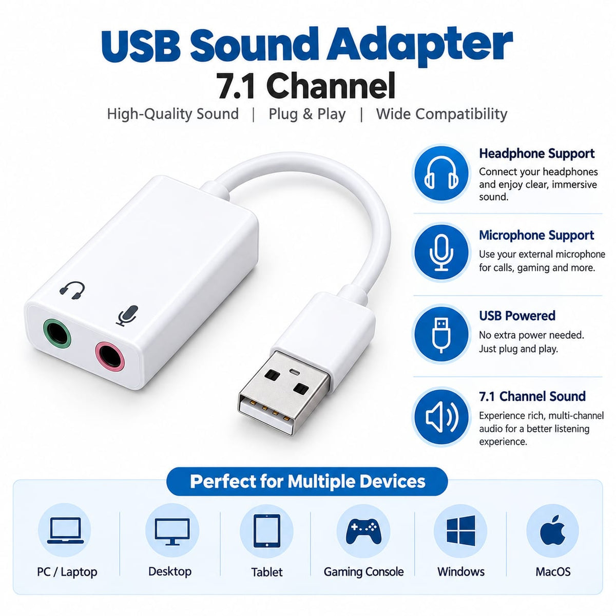 USB Sound Adapter 7.1 Channel – External USB Sound Card with 3.5mm Headphone & Mic Jacks, Mute & Volume Keys, Plug & Play for PC & Laptop