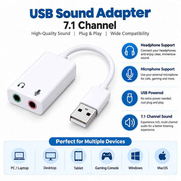 USB Sound Adapter 7.1 Channel – External USB Sound Card with 3.5mm Headphone & Mic Jacks, Mute & Volume Keys, Plug & Play for PC & Laptop