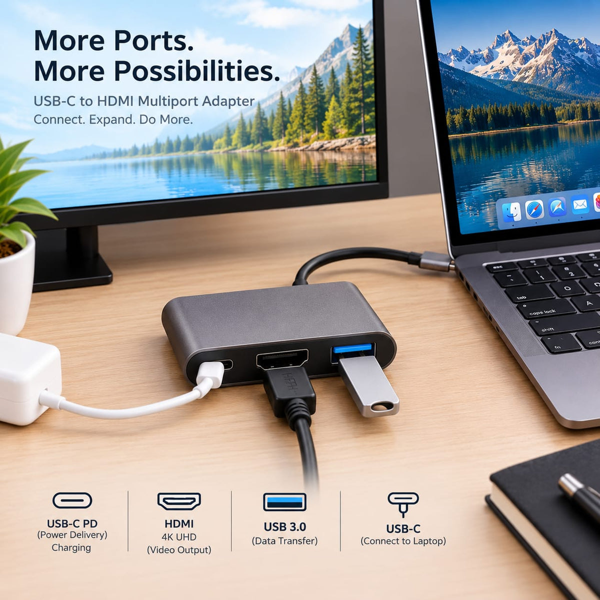 USB-C to HDTV Multiport Adapter LZ-04V 3-in-1 – 4K Hub with USB 3.0, USB-C PD Charging & Aluminium Body for Laptops, Tablets & Phones