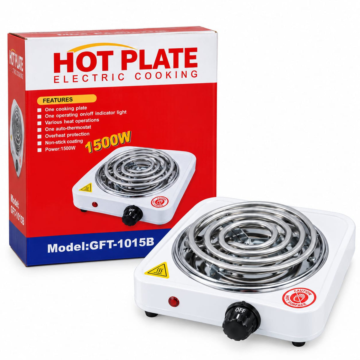 Electric Hot Cooking Plate-1500W – Compact Single Burner Hot Plate GFT-1015B with Overheat Protection & Auto-Thermostat for Hostel, Dorm & Small Kitchen