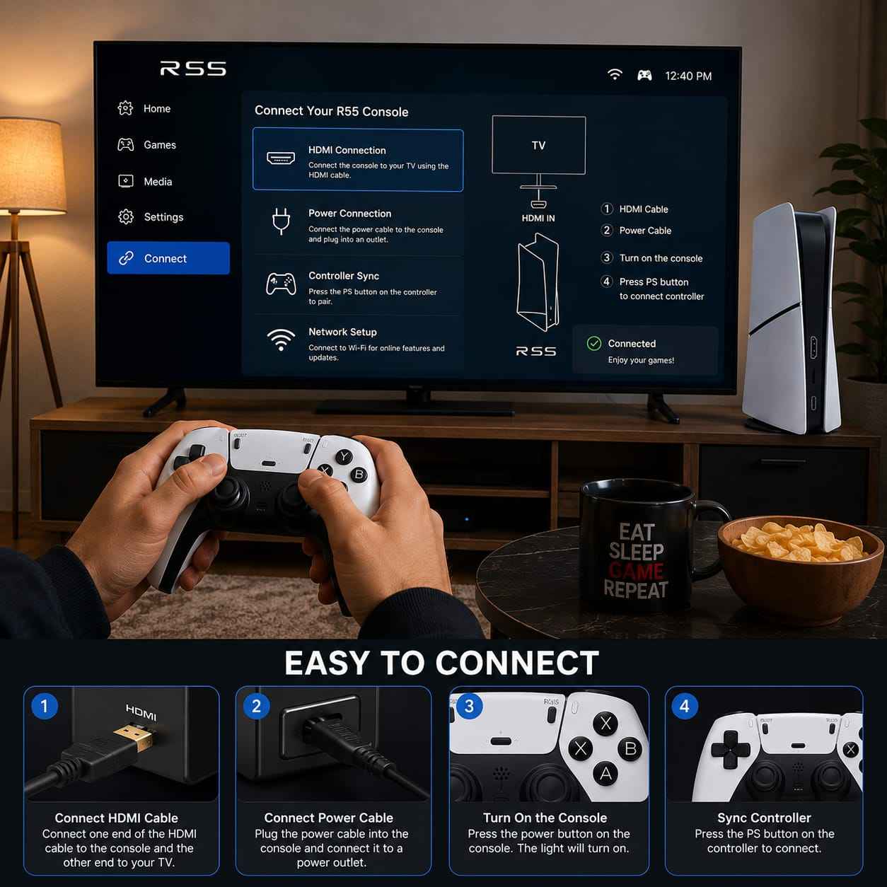RS5 Game Box Pro Slim Digital Edition Console Accessories Bundle – Twin Controller Charging Dock with HDMI & USB-C Cable