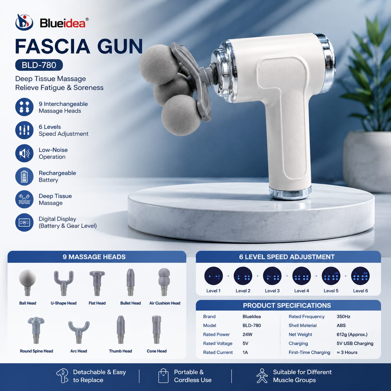 Massage Gun BLD-780 with 9 Heads & 6 Speed Levels – Rechargeable Cordless Percussion Body Massager with Digital Display, Low-Noise Motor & USB Charging for Adults