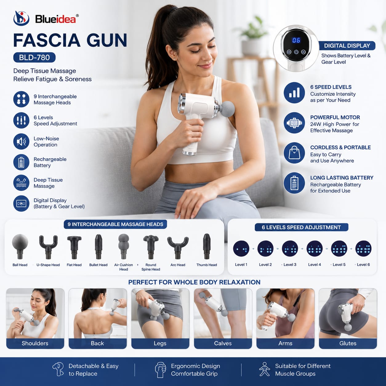 Massage Gun BLD-780 with 9 Heads & 6 Speed Levels – Rechargeable Cordless Percussion Body Massager with Digital Display, Low-Noise Motor & USB Charging for Adults