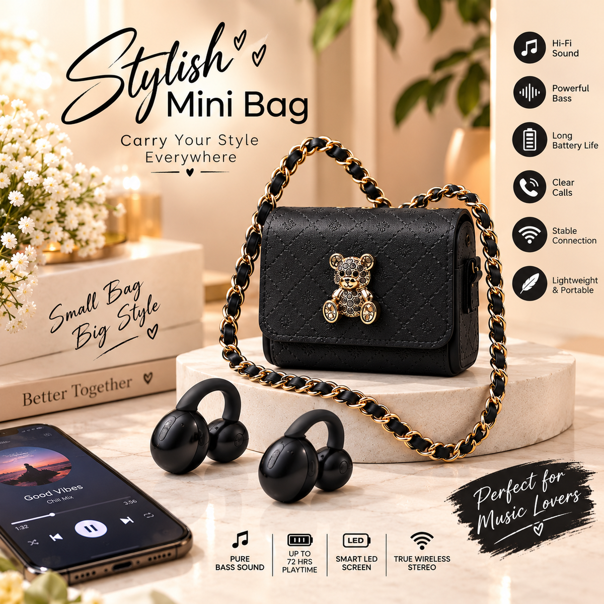 Q69 True Wireless Stereo Earphones with Mini Bag, With charging Cable
