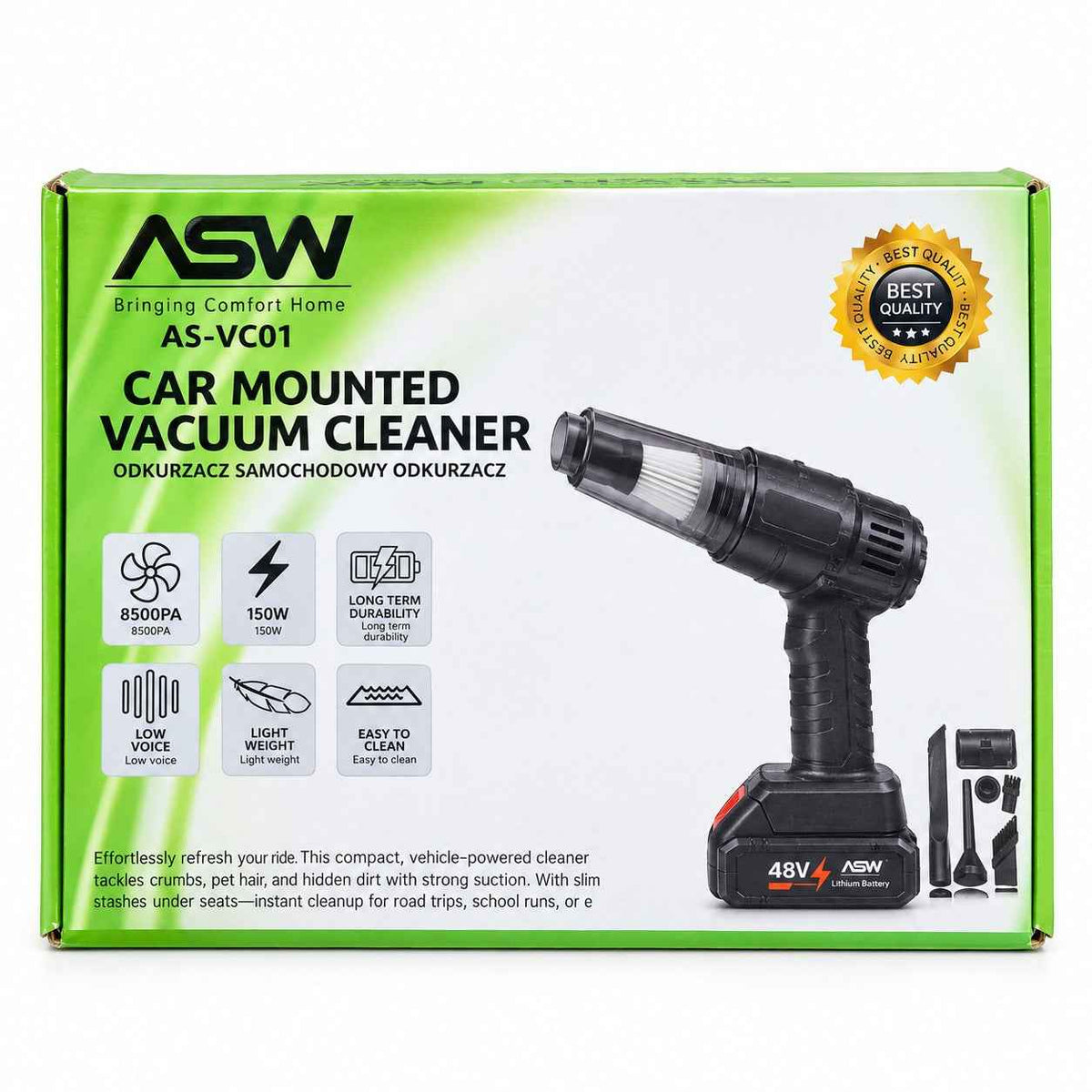 ASW - Car Mounted Vacuum Cleaner – 15V Portable Cordless Handheld Vacuum with Blower Mode, HEPA Filter & 6 Attachments for Car, Home & Office