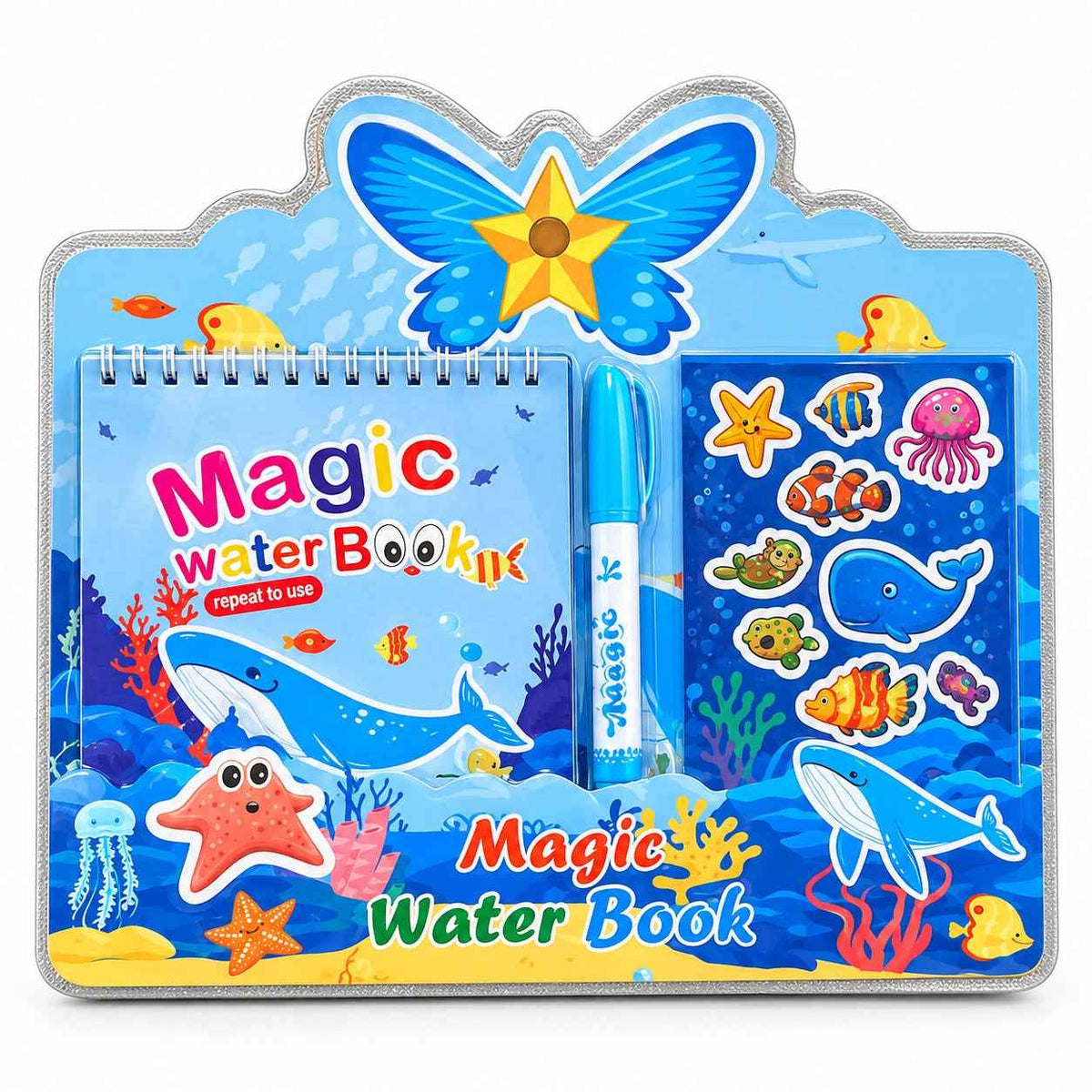 Magic Water Book Activity and Stationery Set – Reusable Water Colouring Book with Pen & Stickers in 4 Themes for Kids 3+