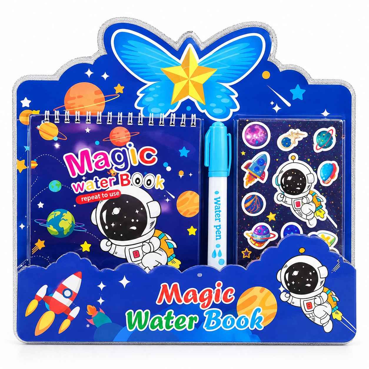 Magic Water Book Activity and Stationery Set – Reusable Water Colouring Book with Pen & Stickers in 4 Themes for Kids 3+