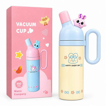 Bear Head Stainless Steel Insulated Water Bottle 800ml – Kids Thermos Sipper Flask with Handle & Leak-Resistant Cap for School and Travel