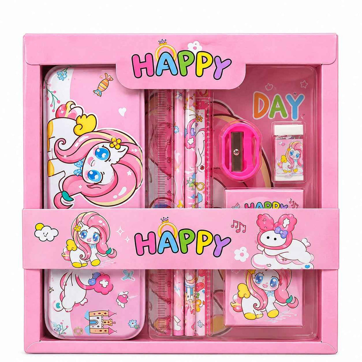 Unicorn Stationery Set for Kids – Metal Pencil Case, Pencils, Ruler, Sharpener, Eraser & Notepad in Pink Gift Box for Girls 3+