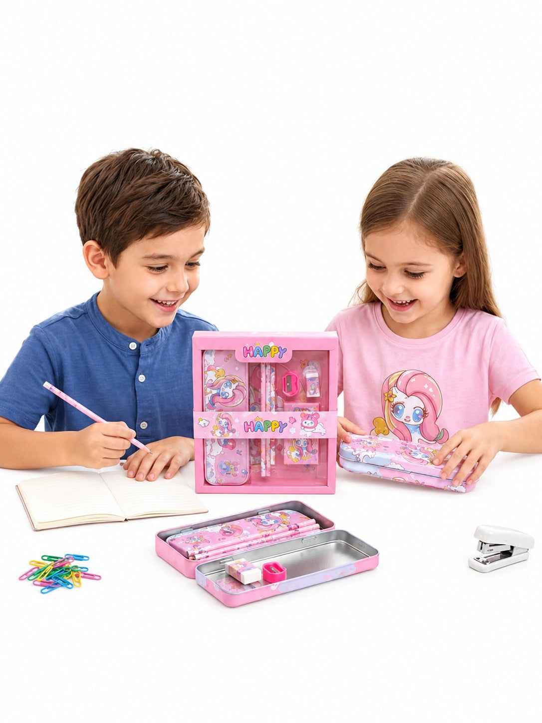 Unicorn Stationery Set for Kids – Metal Pencil Case, Pencils, Ruler, Sharpener, Eraser & Notepad in Pink Gift Box for Girls 3+