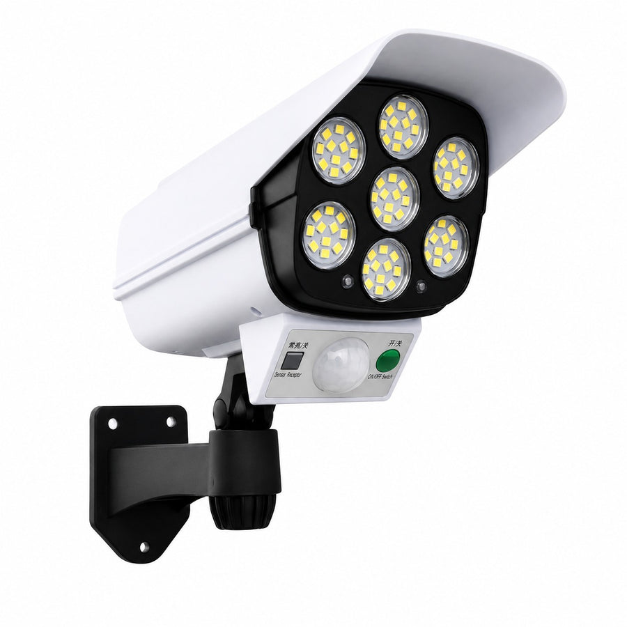 Solar Security Light with Remote – Outdoor LED Wall Lamp in CCTV Camera Design, Wireless Solar Lamp for Home, Shop, Garden, Gate & Parking (White)