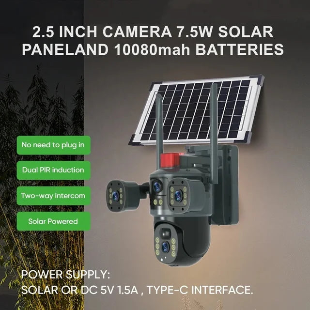 Ai Solar Camera 3in1 – 5MP Triple Lens 4G SIM Outdoor Security Camera with 360° Pan, Colour Night Vision & AI Human Detection (Black)