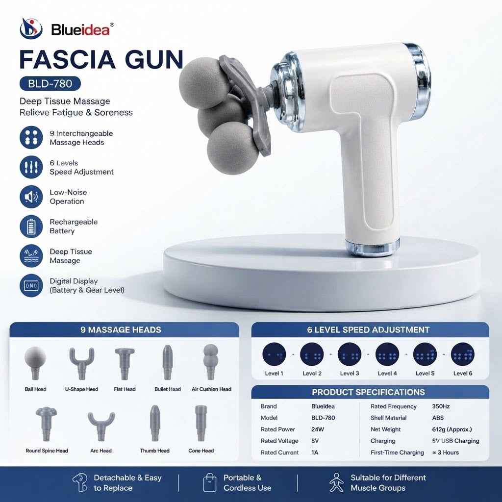 Massage Gun BLD-780 with 9 Heads & 6 Speed Levels – Rechargeable Cordless Percussion Body Massager with Digital Display, Low-Noise Motor & USB Charging for Adults