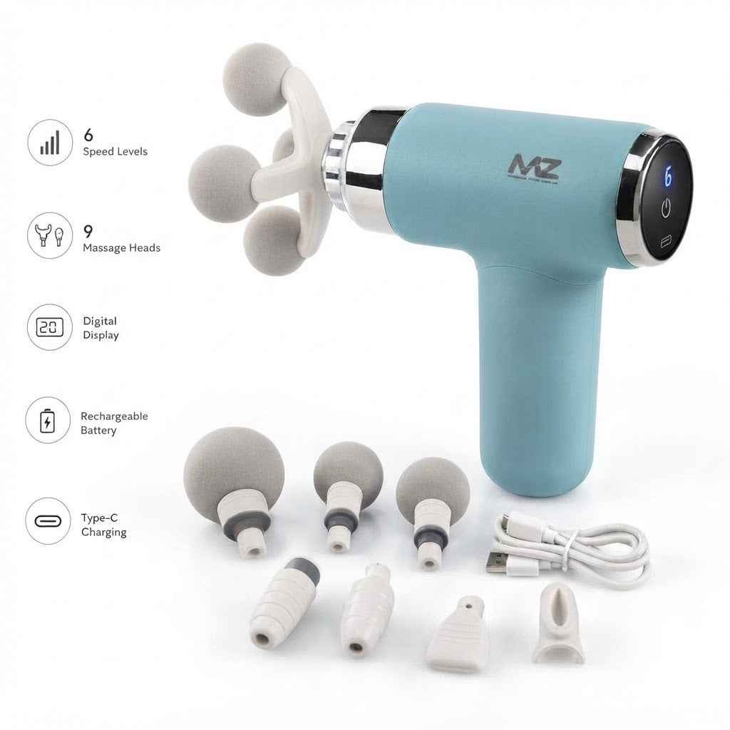 Massage Gun FG22 Portable Deep Tissue Body Massager – 9 Interchangeable Heads, 6 Speed Levels, Digital Display & Type-C Rechargeable Battery