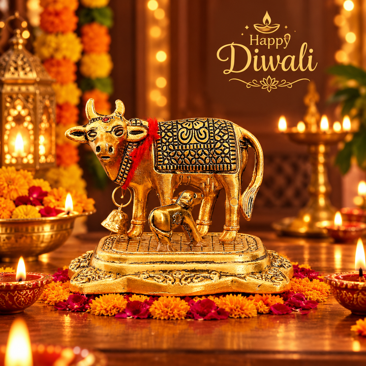 Decorative Metal Cow & Calf Idol – Kamdhenu Statue for Pooja Room, Home Décor & Office Desk | Vastu Showpiece for Diwali & Housewarming Gifting (Golden / Silver)