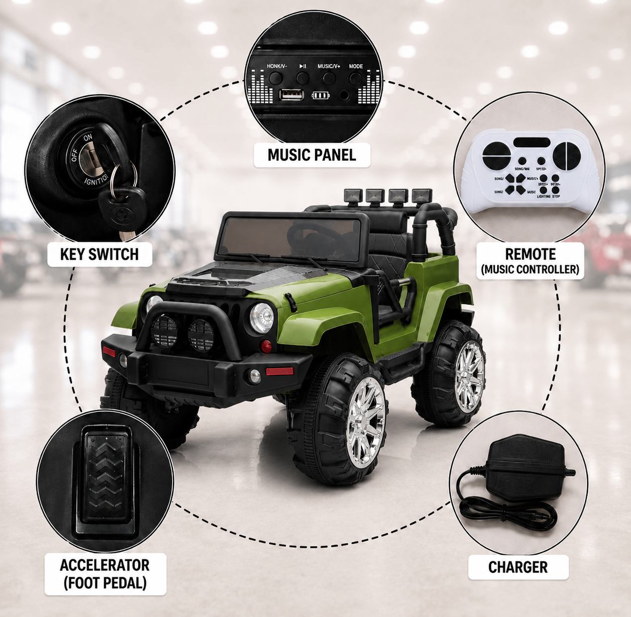 Kids Electric Ride-On 4x4 SUV (FUN-009) – Rechargeable Off-Road Car with Manual & Remote Control, LED Lights & Magnetic Doors